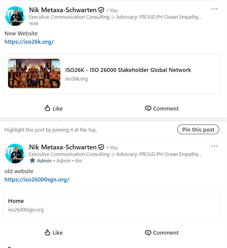 Side-by-side comparison of LinkedIn previews: old iso26000sgn.org (text only, no image) vs new iso26k.org (rich preview card with branded image, structured metadata, and publication date)