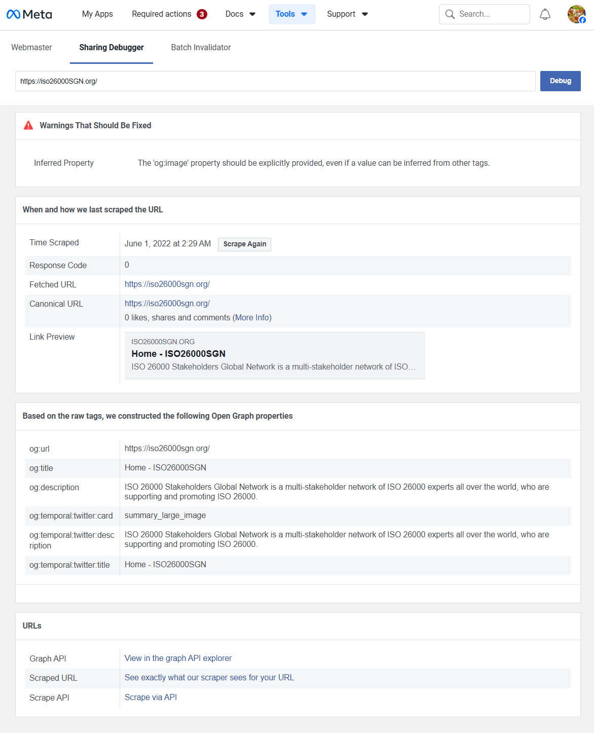 Meta Sharing Debugger results for the old iso26000sgn.org website — missing og:image, missing fb:app_id, warnings about required properties