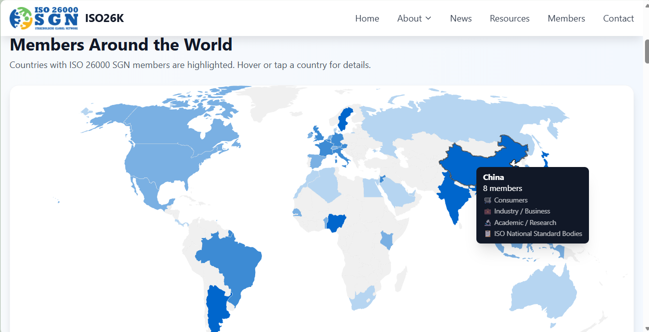 Member Directory world map showing geographic distribution across 44 countries with interactive hover tooltips displaying member counts per country