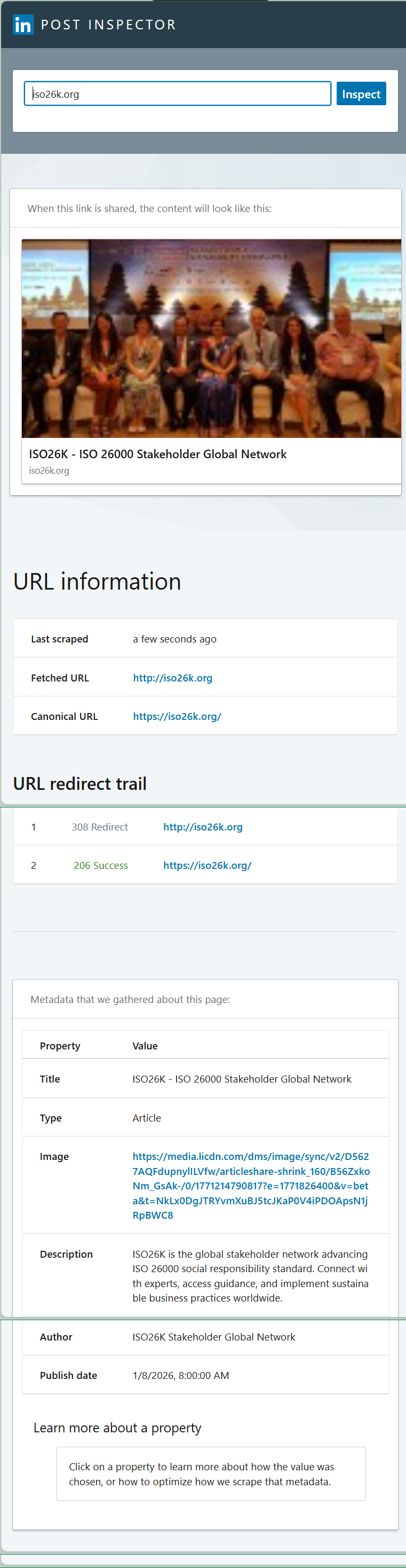 LinkedIn preview of the new iso26k.org website — professional preview card with social sharing image, structured title, description, and publication date