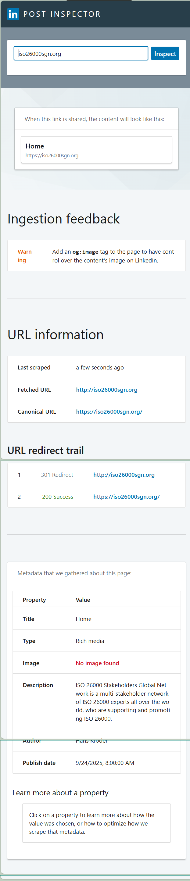 LinkedIn preview of the old iso26000sgn.org website — basic text-only preview with title and description but no social sharing image