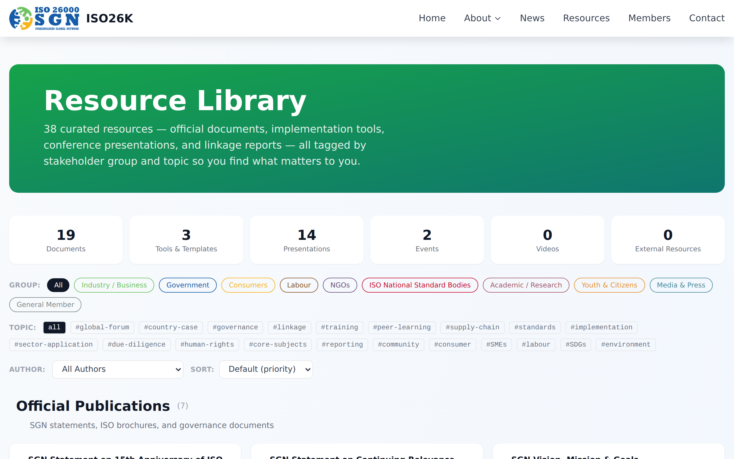 Resource Library showing filter pills for resource types, stakeholder groups, topic tags, and sorting — with category-grouped resource cards